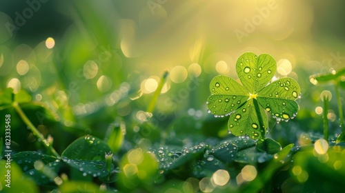 Lucky four-leaf clover in a dewy meadow, morning light, vibrant green serene atmosphere