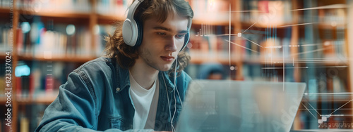 Young Caucasian man immersed in online learning, his headphones and rapt expression reflecting a profound engagement with the digital world within a modern library sanctuary. Double exposure.
