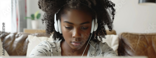 Young afro american woman at home, immersed in online learning, her headphones and rapt expression reflecting a profound engagement with the digital world.