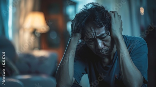 Indonesian male sitting in living room, holding head in a gesture of stress or frustration