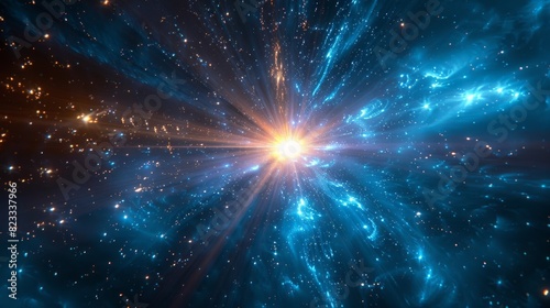 A captivating visual of a hyperspace jump with bright light rays extending from a central point amongst stars