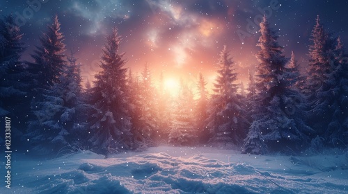 A mesmerizing sunrise piercing through snow-clad pine trees under a starry sky creates a magical winter landscape