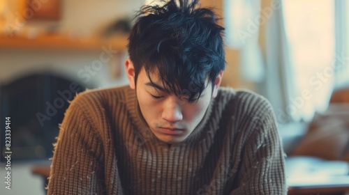 A young man of Chinese descent, feeling sad and frustrated, sits at a table with a messy haircut