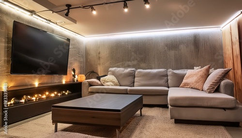 A Cozy Basement Retreat with Customizable Lighting and Plush Seating"room, interior, bedroom, bed, furniture, luxury, hotel, home, apartment, architecture, decoration, nobody