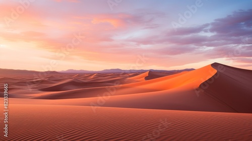 Panoramic sunset over desert sand dunes.