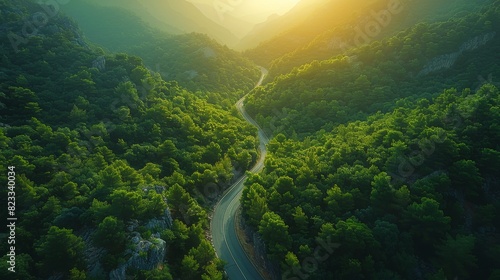 A stunning landscape showcasing a winding road cutting through lush green mountains with the sun casting a warm glow