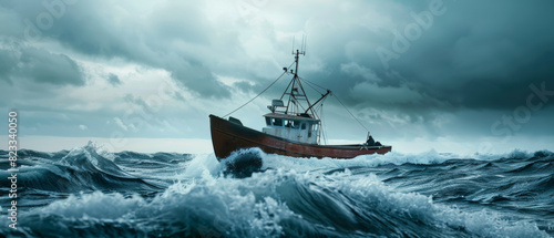 A fishing boat battles tempestuous waves under a dramatic stormy sky.