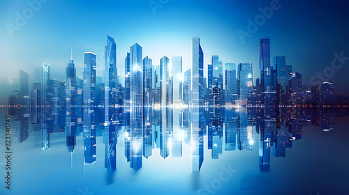 Skyscrapers of a smart city, futuristic financial district, graphic perspective of buildings and reflections on water background for corporate and business brochure template