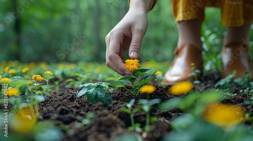 A person carefully sows seeds in the ground, using their foot to touch the soil and connect with the environment.