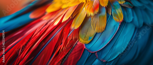 Vivid hues and textures of a parrot's plumage in stunning detail.