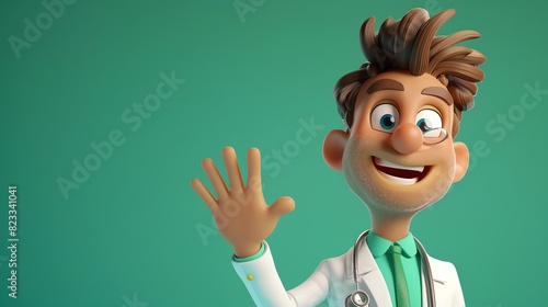 A cheerful cartoonstyle character, dressed as a doctor with a stethoscope around its neck, smiling and waving against a vibrant green background, animated with a friendly gesture