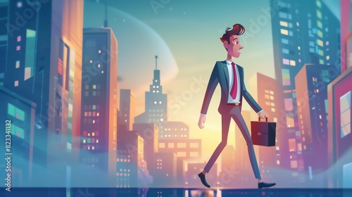 A confident cartoonstyle character, dressed in a business suit with a tie and briefcase, walking with purpose against a cityscape background, animated with a brisk stride