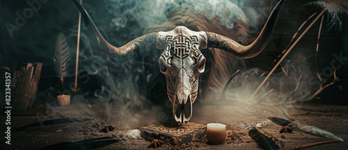 Ritualistic bull skull surrounded by mystical smoke and tribal patterns.