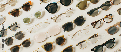 An array of stylish sunglasses neatly displayed, showcasing a variety of modern eyewear designs.