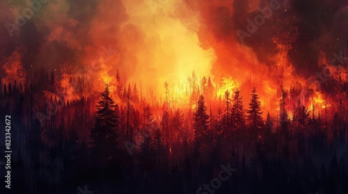 Wildfire in a forest, intense flames, smokefilled sky, vibrant colors, climate crisis, high resolution,