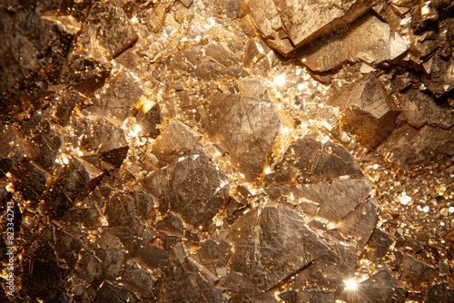 Macro photography revealing the intricate details and golden hues of a crystallized pyrite mineral surface