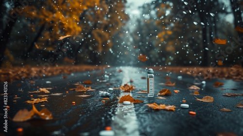 An atmospheric shot of a rain-soaked road scattered with autumn leaves and overturned pill bottles, emphasizing the contrast between nature and pharmaceutical waste.
