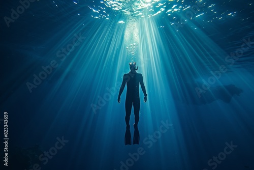 An image of a diver floating serenely underwater with sunbeams filtering through the ocean's surface