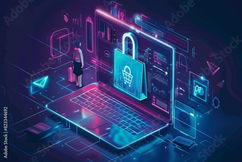 Advanced e commerce security with encrypted data protection, featuring a locked laptop and secure transactions in blue white colors for safe online shopping and digital privacy