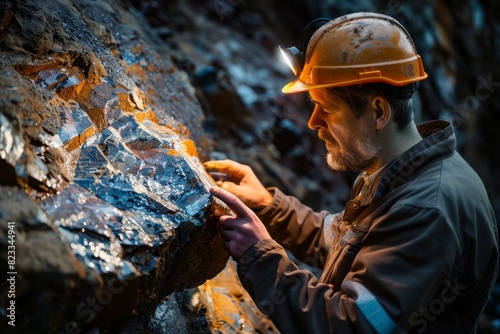 An attentive geologist wearing an orange helmet studies minerals on the rock face in a mine or quarry setup