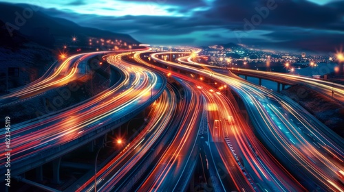 A time-lapse view of a busy highway at dusk, showcasing streaks of light from vehicles as they travel. The city skyline in the background is illuminated.