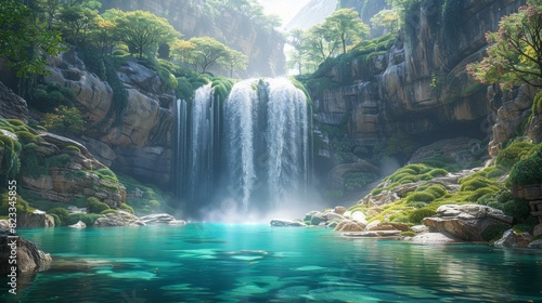 waterfall paradise, a stunning waterfall flows over a rocky cliff into a peaceful pool below, creating a beautiful nature scene