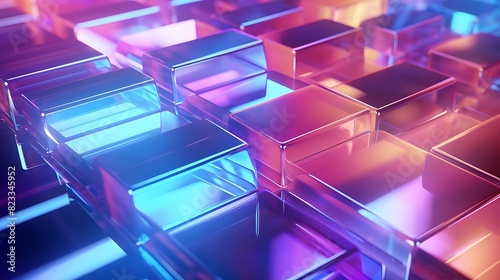 Abstract background with closeup shot of glossy crystal block with multicolored gradient reflection on blurred mirror surface
