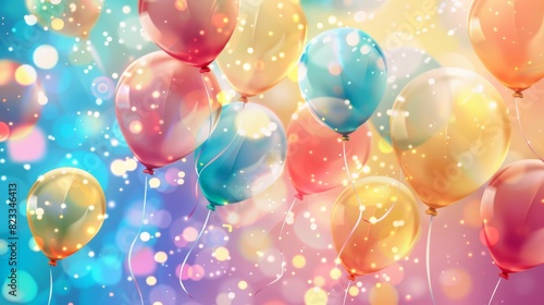 Colorful balloons floating with a bright bokeh background, creating a joyful and festive atmosphere.
