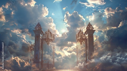 Pearly Gates. Gateway to heaven. Ornate gates open to a radiant sky with sunbeams piercing through ethereal clouds, creating a surreal, heavenly scene.