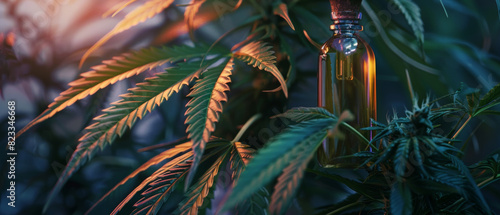 A dropper bottle with CBD oil delicately balanced among cannabis leaves in a mystical light.