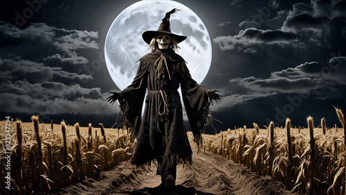 A haunting scarecrow stands ominously in a wheat field