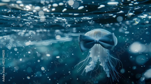 A small jellyfish in a bowtie, floating serenely in the ocean