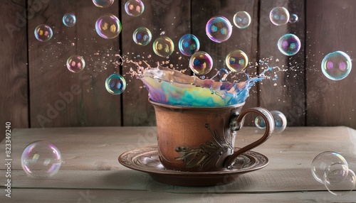 Colorful background with a rainbow made out of bubbles and poured out of a cup. It can be used for postcards, presentations, or social media representing concepts of summer, creativity, diversity