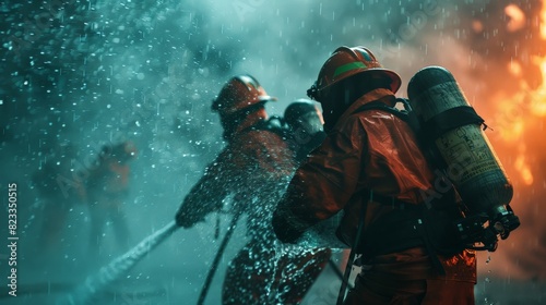 Firefighters in action. Firefighters spraying water to extinguish fire. Firefighters wearing protective gear. Firefighters working to put out fire.