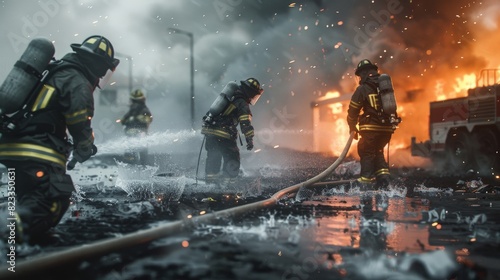 Firefighters in protective gear battling a blaze with hoses