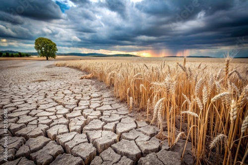 The concept of global warming on planet Earth. Dry and cracked earth and a field of wheat. The farmer's wheat crop is dead, dead, withered. The effects of climate change.