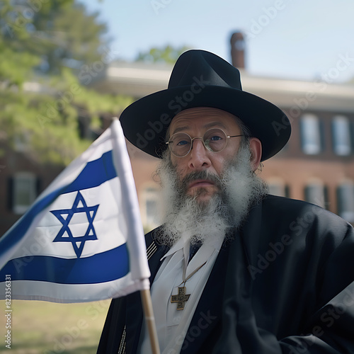 Realistic portrait of a rabbi holding an Israeli flag on the campus lawn