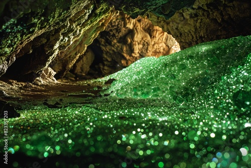 Glittering green crystals covering a cave interior, creating an otherworldly glow