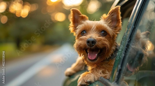 An adorable Yorkshire Terrier dog excitedly leans out of a car window, enjoying the breeze during a road trip