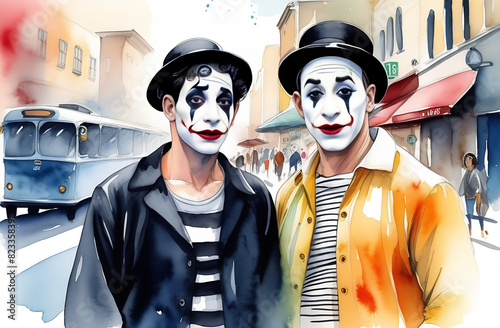 Portrait of men passing by on a city street. Mimes act out a pantomime, depicting surprise, sadness on his face. High quality photo