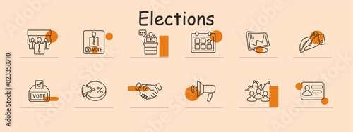 Elections set icon. Candidate, voting box, podium, calendar, results chart, ballot paper, campaign megaphone, voter ID. Political, elections, democracy, voting.