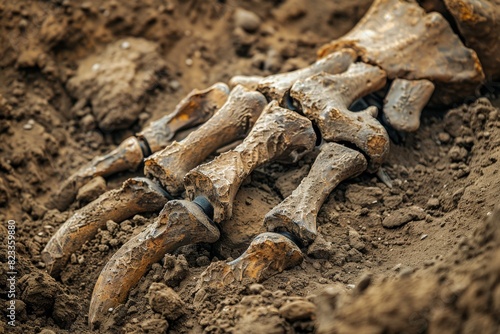 The photo zooms in on the fossilized leg bones of a dinosaur, showcasing their texture and the surrounding soil
