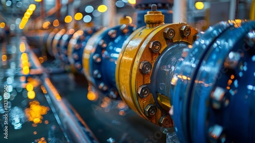 Detailed image capturing the structure of aligned pipes with yellow valves in a brightly lit industrial setting