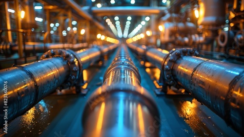 A deep perspective view of pipelines at an industrial plant, offering a sense of depth and symmetry