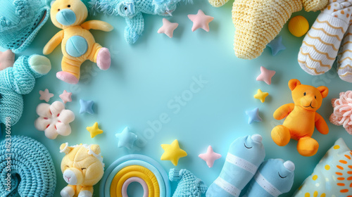 Adorable baby toys and clothes displayed on colorful background.