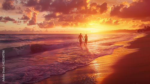 A serene beach sunset with a couple walking hand in hand along the shore, the sky ablaze with orange and pink hues, gentle waves lapping at their feet, photorealisticHighly detailed photography