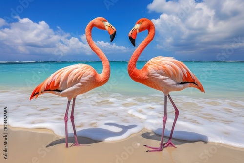 Enchanting Flamingo beach sunset. Color pink migration. Generate Ai