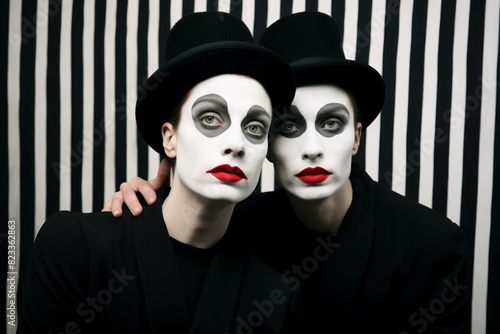 Artistic Two funny French mimes artists. Comedy pantomime entertainment performance on street. Generate ai