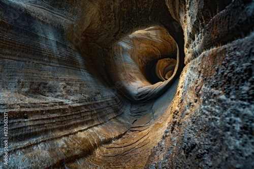 A stunning close-up of a sinuous sandstone slot canyon with distinct striations and beautiful lighting