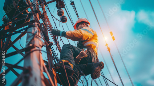 An electrician working on electric pole 